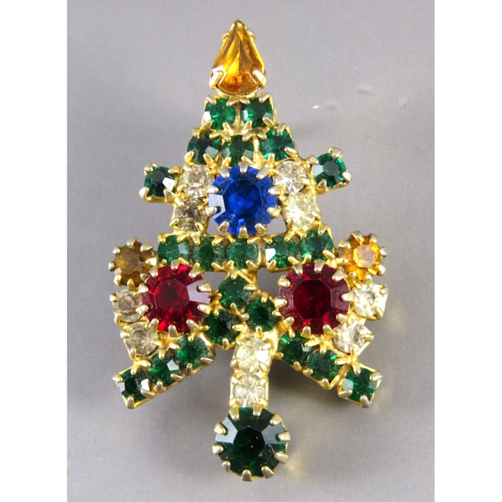 Vintage GOLD TONE Christmas Tree Brooch Pin PRONG SET RHINESTONES Cluster LIGHTS